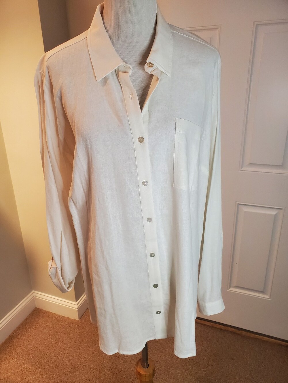 Susan Graver Cream-Linen Blend Button Blouse